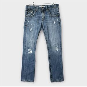 MEK Denim Easter Island Jeans Men 32x34 Fit 34x 30 Blue Distressed Accent Stitch